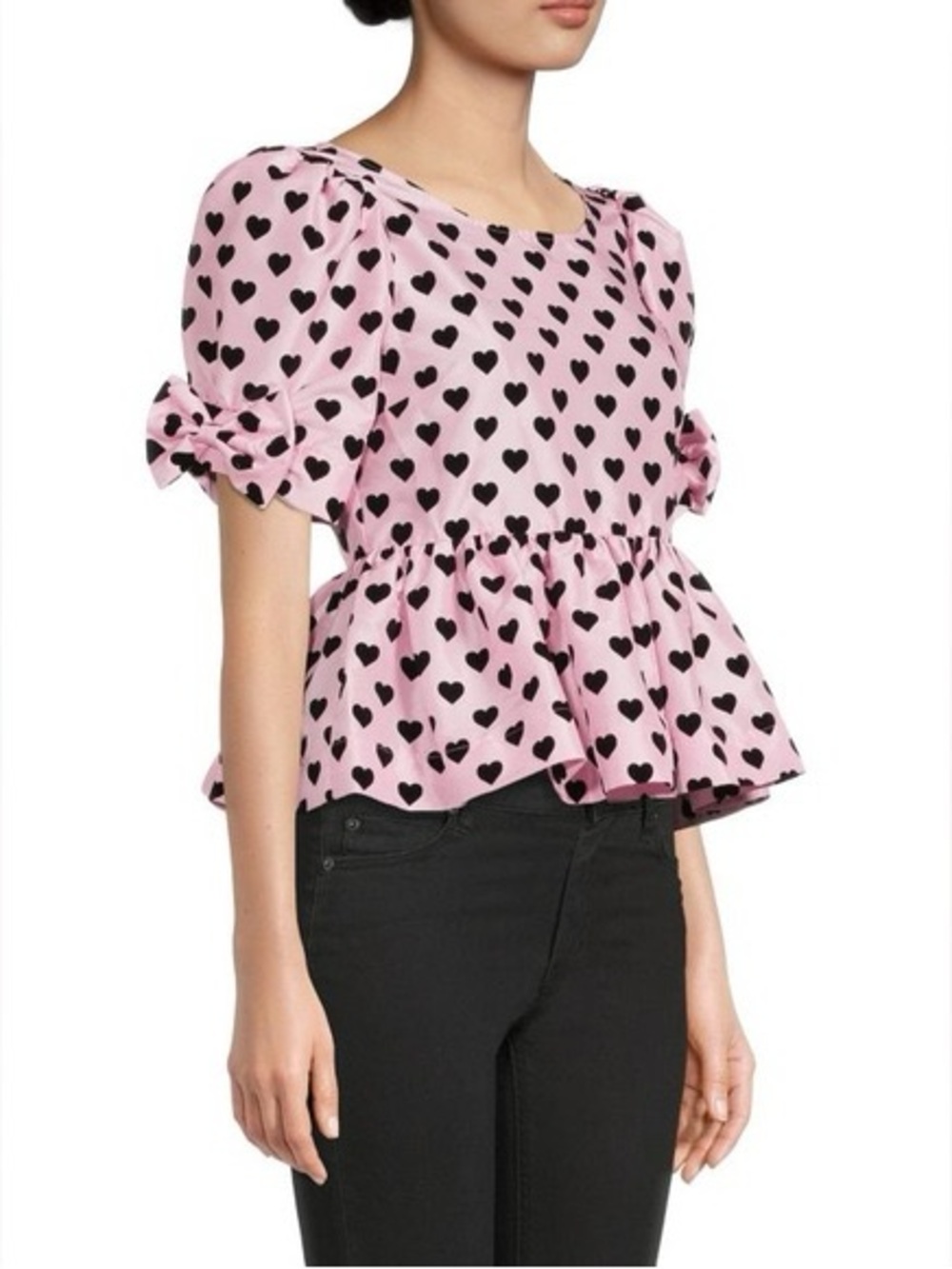 LOVESHACKFANCY Pink Taffeta & Black Velvet Heart Peplum Top Puff Sleeve Blouse - Picture 4 of 16